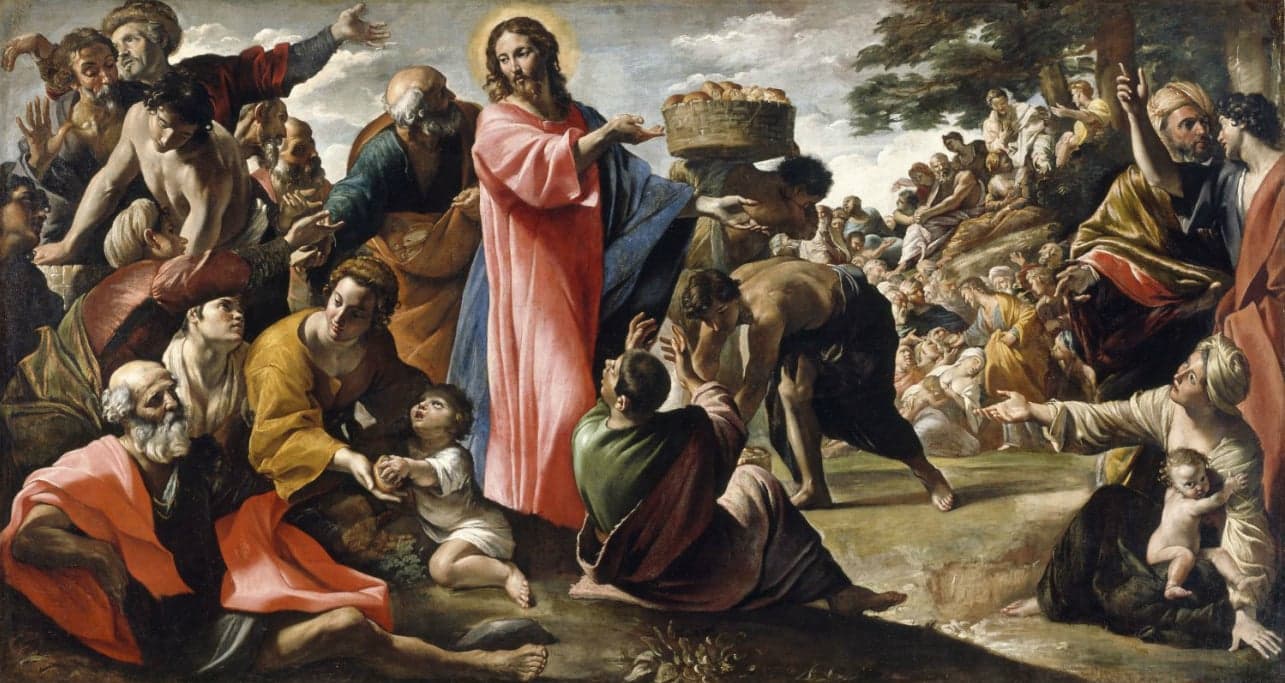 Jezus wziął chleby. Odmówiwszy dziękczynienie, rozdał siedzącym; tak też uczynił z rybami, rozdając tyle, ile kto chciał