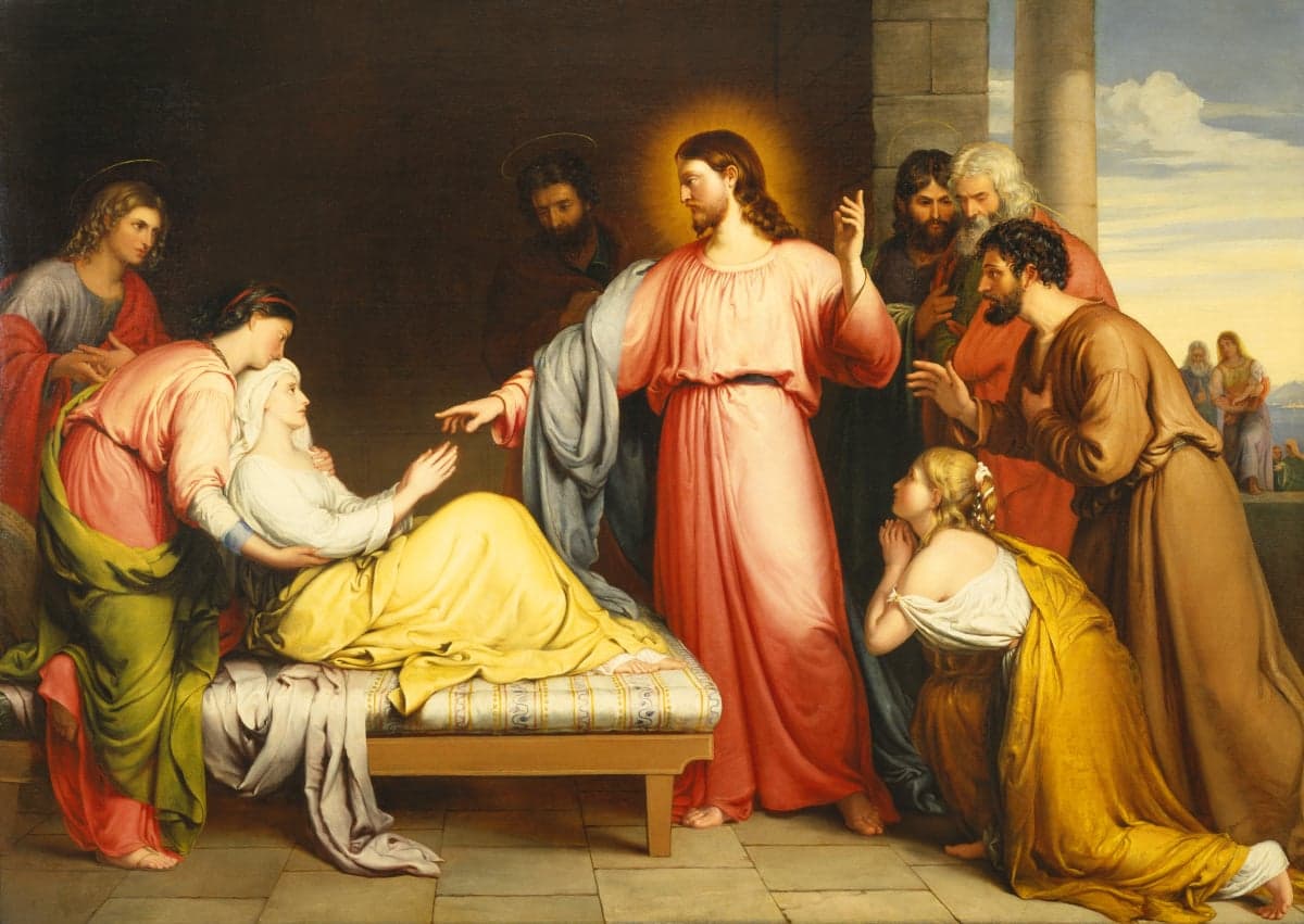 Gdy Jezus przyszedł do domu Piotra, ujrzał jego teściową, leżącą w gorączce. Ujął ją za rękę, a gorączka ją opuściła
