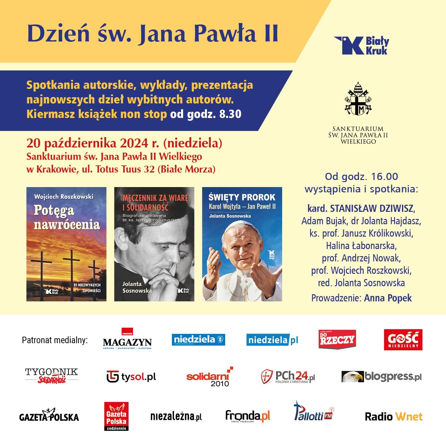 Dzień św. Jana Pawła II z Białym Krukiem! Program wydarzeń w Sanktuarium św. Jana Pawła II na Białych Morzach w Krakowie