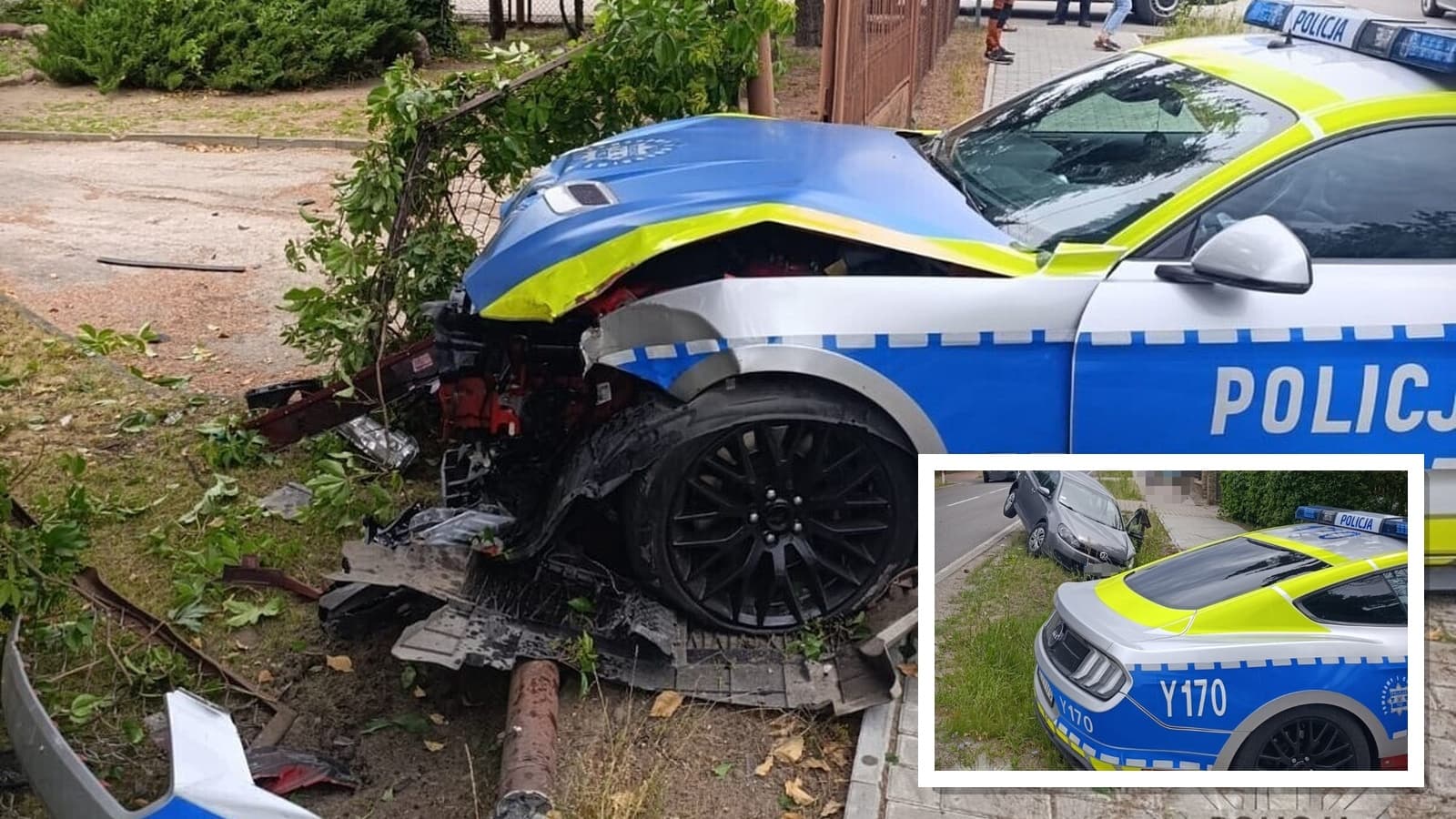 Policyjny Mustang rozbity. Radiowóz wypadł z drogi i uderzył w ogrodzenie